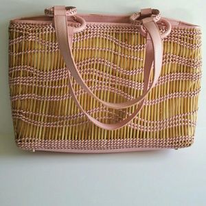 Via Spiga straw and pink leather trim tote